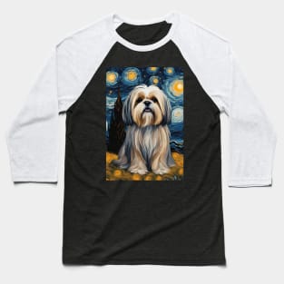 Cute Lhasa Apso Dog Breed Painting in a Van Gogh Starry Night Art Style Baseball T-Shirt